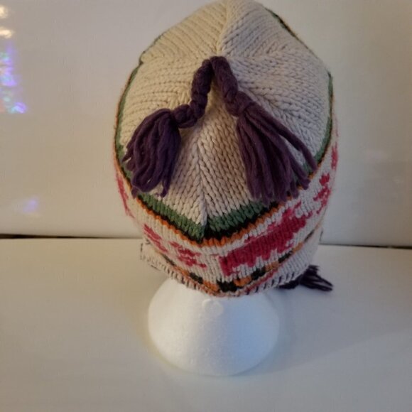 Toque Hat Lined Size Youth Large Unisex Knit with Moose Design and Braded Ties - Picture 4 of 9